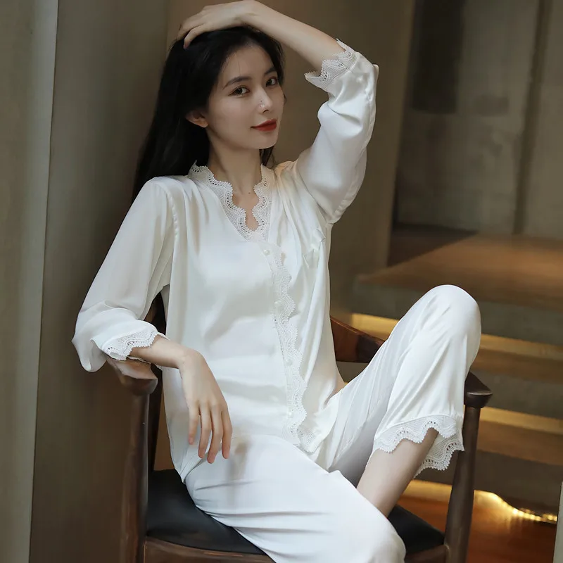 Spring Summer Sexy Silk Lace Long Sleeve Pants Pajamas Women's Suit Solid Color Home Leisure Homewear