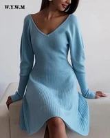 wywm 2022 winter knitted long sleeve dresses women soft lazy v neck sweater sexy pit streaks flexible ladies vestidos clothes