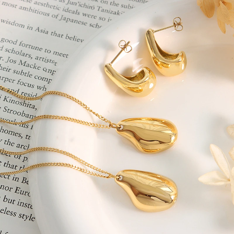 

Glossy Pendant Necklace Earrings Women's Stainless Steel Jewelry Set Fashion Personality Girl Accessories Wholesale