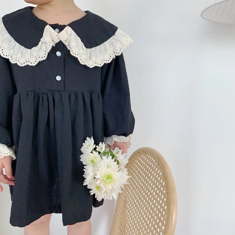 

Весенне-осеннее хлопковое модное кружевное лоскутное платье для маленьких девочек милое платье в Корейском стиле с длинным рукавом и отлож...