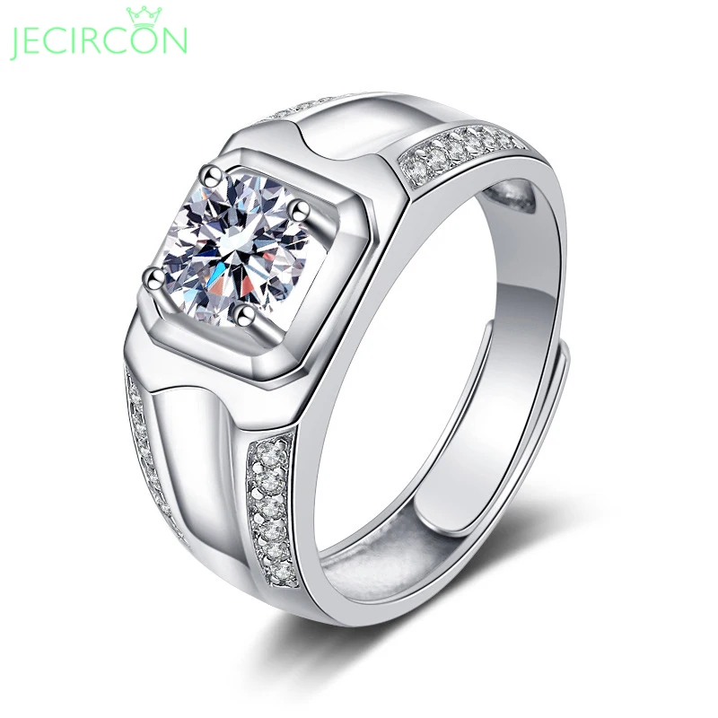 

JECIRCON 925 Sterling Silver Moissanite Concave Edge Double Row Diamond Open Ring for Men 1ct Domineering Luxury Band Jewelry