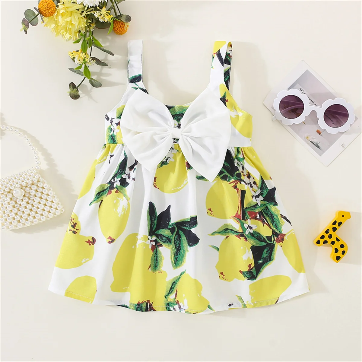 

Summer Children'S Beach Strap Wear Lemon Print Bowknot Cool Cotton Girls' Dress