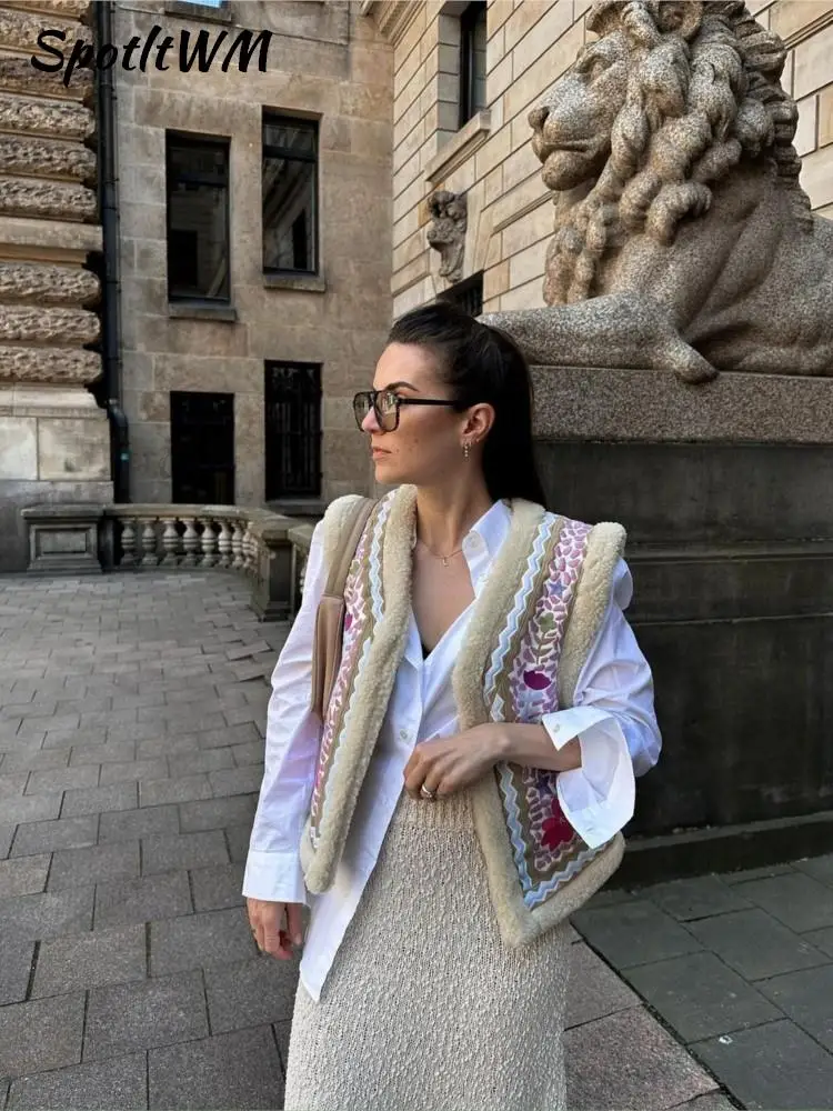 

Women Fashion Embroidery Sleeveless Vest Waistcoat Loose Thicken Lapel Jacket Coat 2023 Autumn Chic Tops Commuter Outwear Street