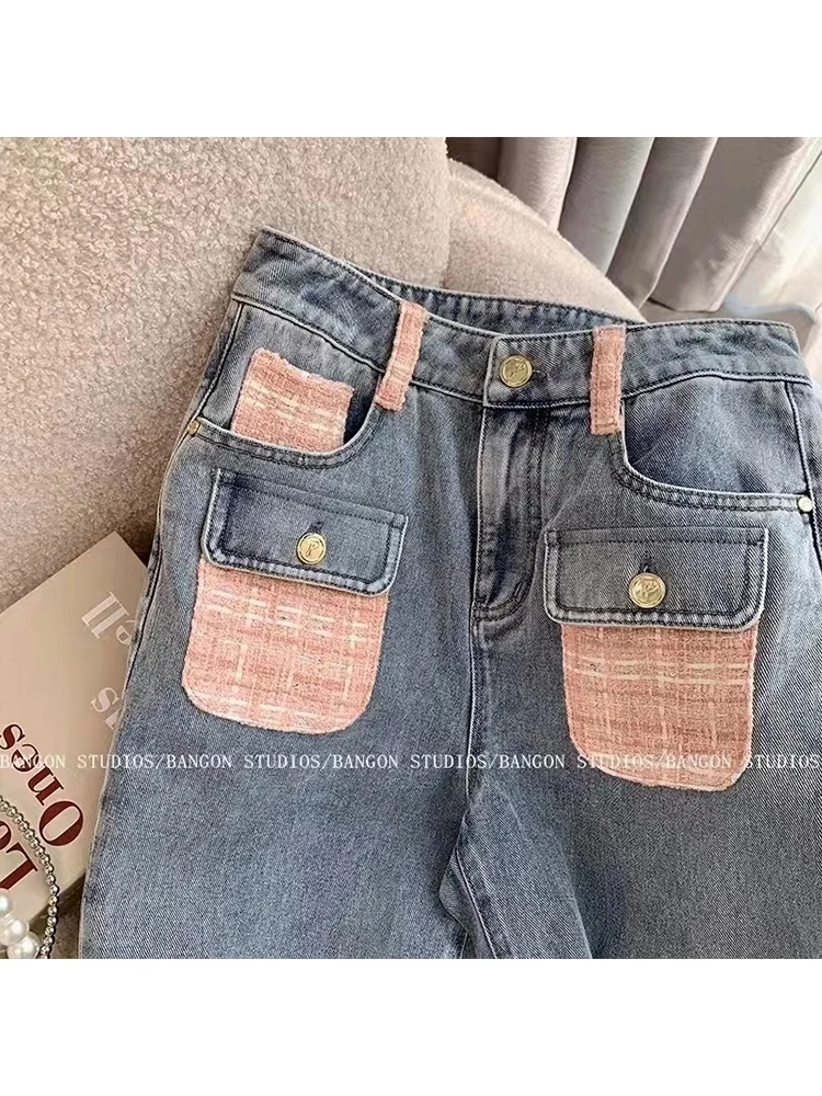 

Зимние женские прямые брюки 2022, светильник-голубые уличные прямые Мытые лоскутные брюки с высокой талией и карманами, винтажная джинсовая о...