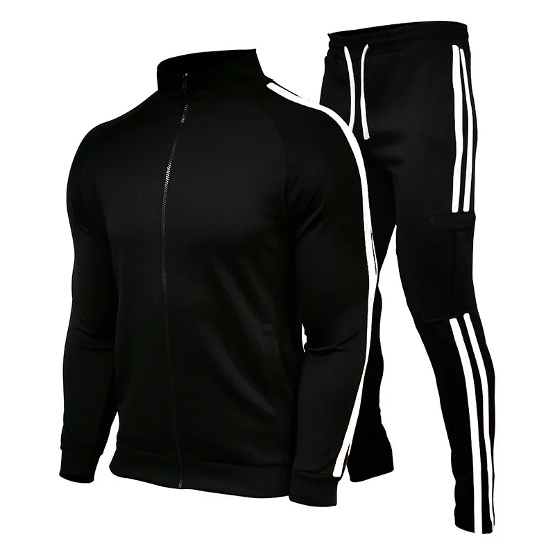 Casual Tracksuit Jacket + Trousers 2-piece Set Jogging Pocket Sportswear Outdoor Men Cardigan Pant Stripe Fashion Spring Autumn