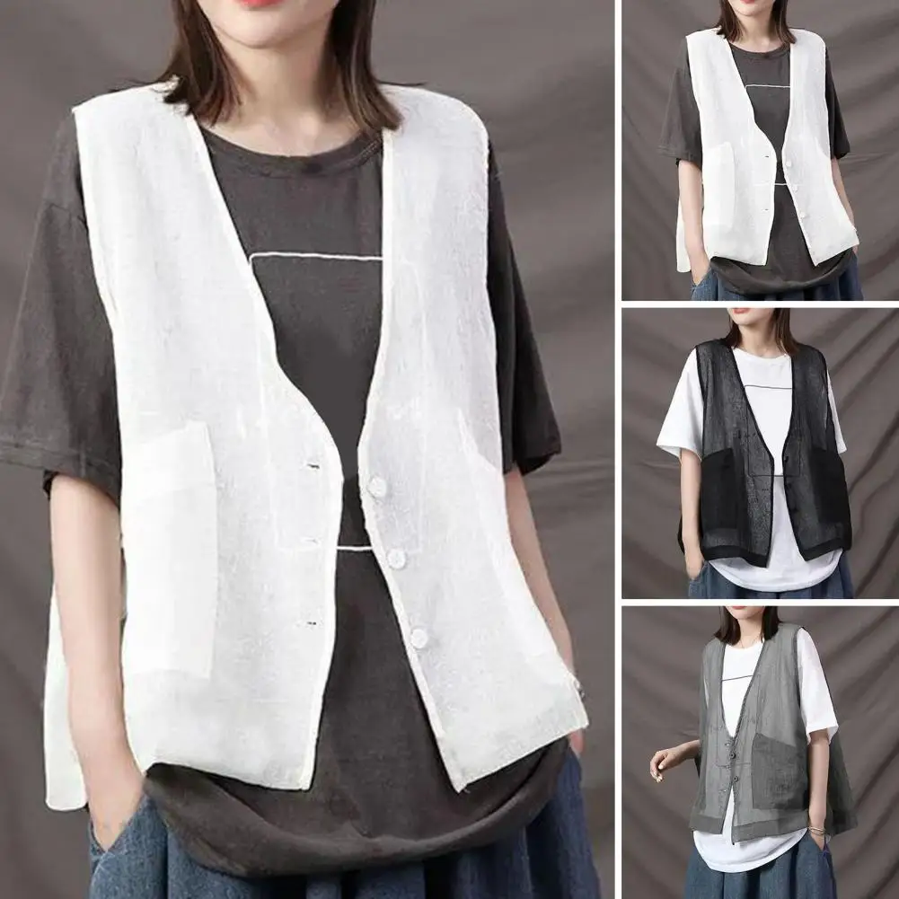 Халко без рукавов для женщин кардиган fino прозрачный cuello en V suelto bolsillos de parche большие