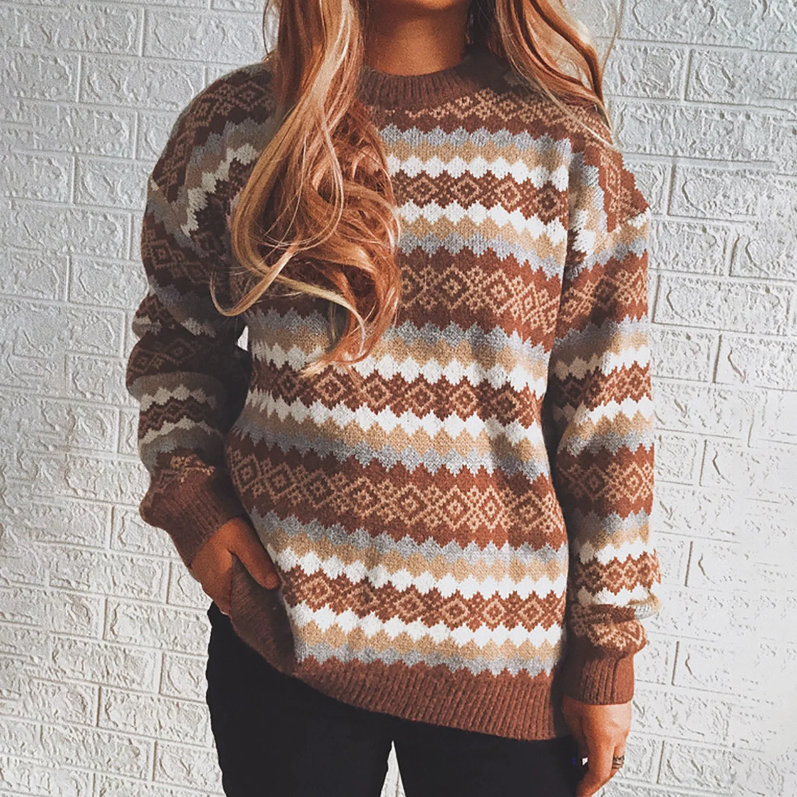 

Women's Sweatshirt Crewneck Long Sleeve Casual Retro Pattern Print Knitted Pullover Wool Sweaters Slip 100 Cotton Sweater