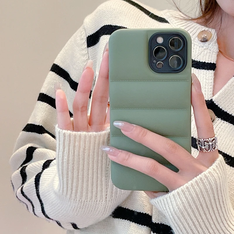 

Luxury Leather Down Jacket The Puffer Phone Case For iPhone 13 12 11 Pro Xs Max X Xr 7 8 Puls SE Candy Color Shockproof Cover