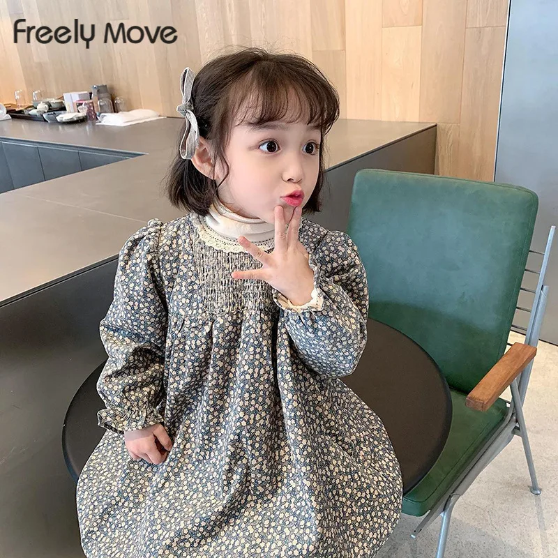 

Freely Move 2022 New Floral Winter Dress For Girls Flower Puff Sleeve Dresses For Children Kids Cotton Blend Dresses For Girls