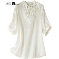 light luxury temperament silk pearl satin stand collar shirt female design sense lantern sleeve small shirt mulberry silk top
