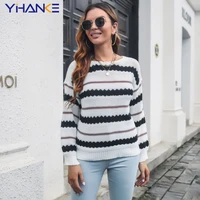 o neck color striped long sleeved sweater coat 2022 womens autumn loose retro coat knitted sweater soft warm top