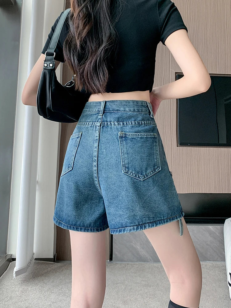 New Summer Women Retro Loose High Waist Blue Denim Shorts Streetwear Female Vintage Wide Leg Jeans Shorts Bottoms