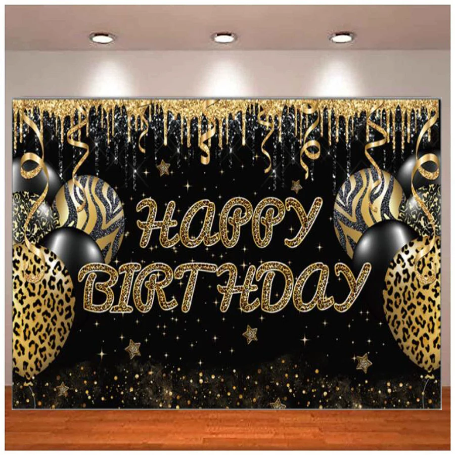 

Photography Backdrop Happy Birthday Banner Cheetah Party Decoration Gold Leopard Balloon Poster Background Adults Women