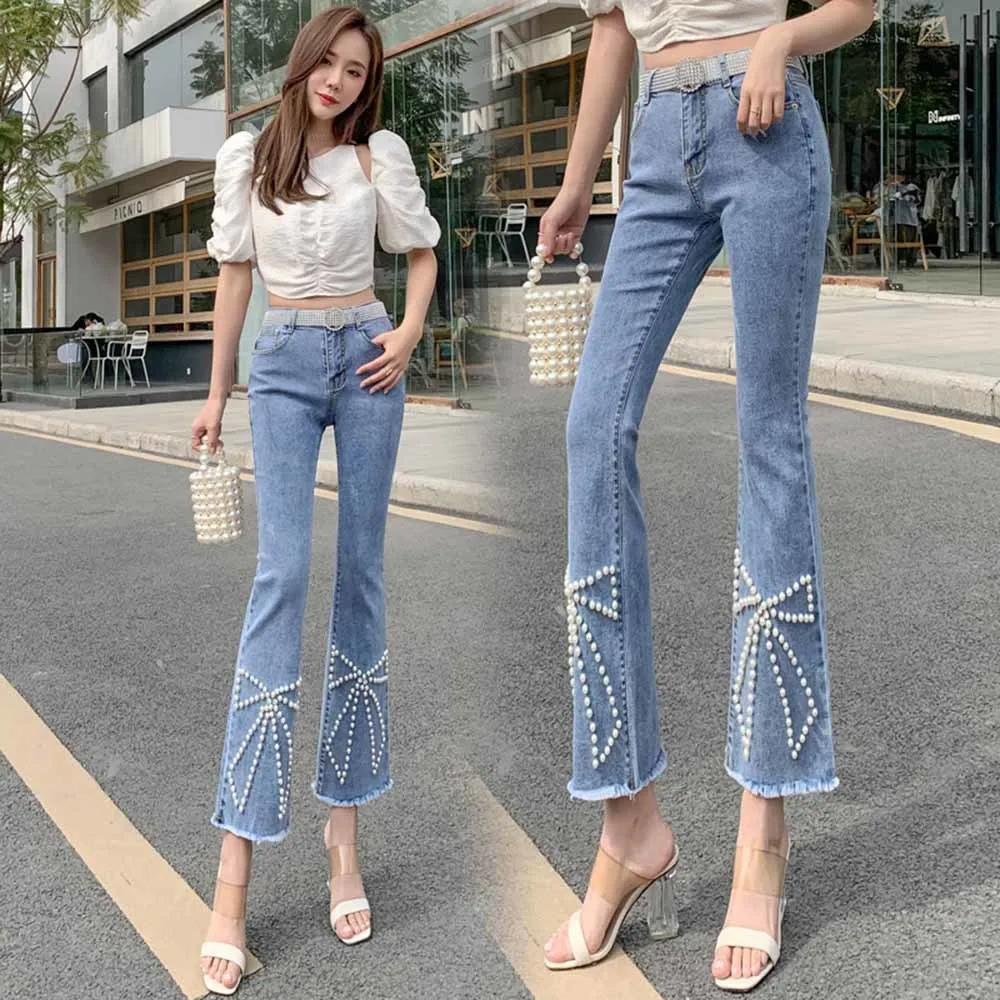 

2022 Skinny High Waist Flare Jeans Women Slim Fit Bow Pearl Beading Stretch Ankle-Length Denim Pants Blue Jeans with belt Korean