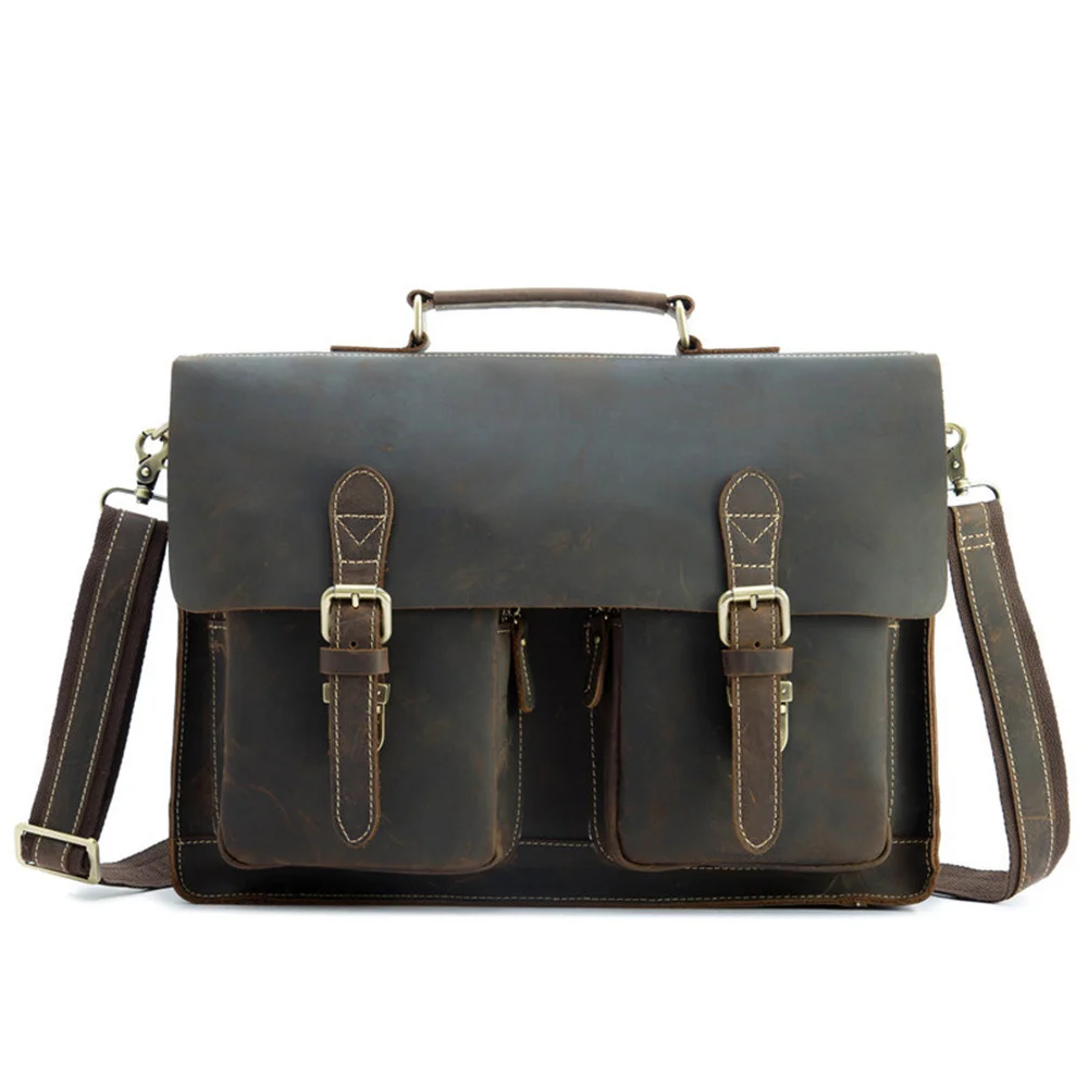 Men's Crossbody Laptop Bag Genuine Leather Business Briefcase Crazy Horse 15.6 Inches Handle Handbag Male Messenger Shoulder Bag