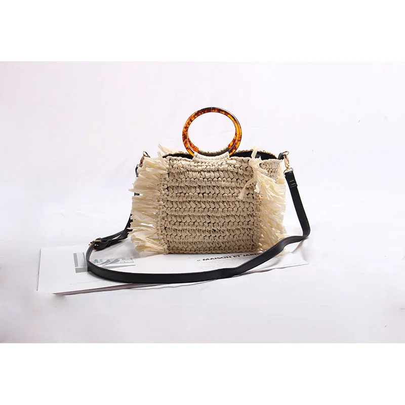 Boho Woven Beach Bags for Women Bohemian Tassel Straw Bag Designer Handbags Acrylic Round Handle Shoulder Crossbody Bag Clutch