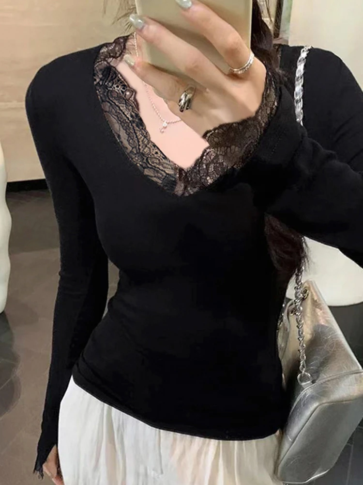 Черная кружевная внутренняя одежда с v-образным вырезом нижняя рубашка женская