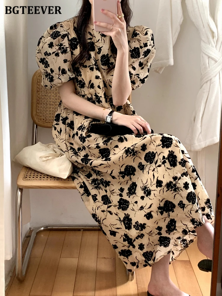 

Платье BGTEEVER женское с круглым вырезом, винтажное элегантное свободное платье средней длины с рукавами-фонариками, с цветочным принтом, весн...