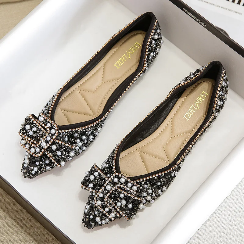 Sequins Beads Ballets Womens Shoes Bowknot Flats Pointed Toe Ladies Office Work Moccasins Shallow Chain Zapatos De Mujer Loafers