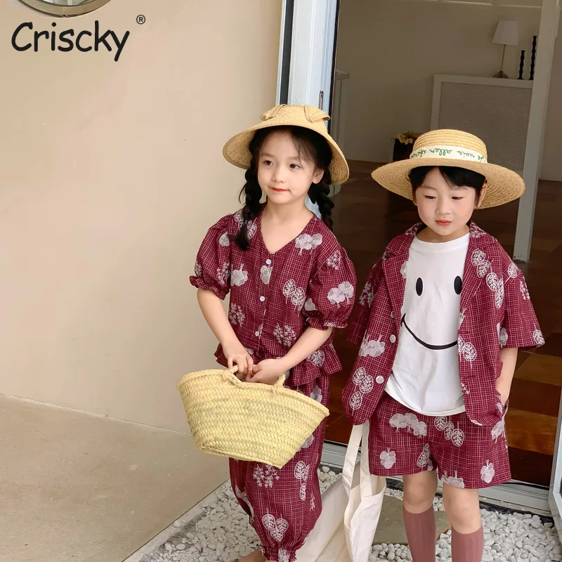 

Criscky Kids Brother Sister Matching Outfits Baby Boys Clothes Sets Girls Summer Dress Korean Embroidery Children's Clothing