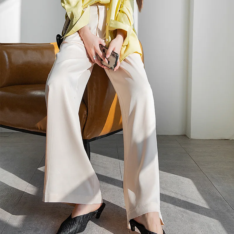 

Silky High Waist Wide Leg Pants Women Korean Style Casual Solid Color Pants Female Loose Long Trousers with Pockets and Zipper