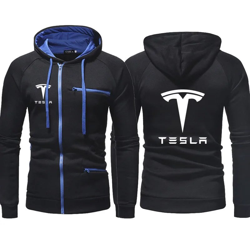 

Men's hooded sweatshirt jacket Tesla car logo print trend Harajuku Male cardigan Hip hop street style cotton Men's zipper jacket