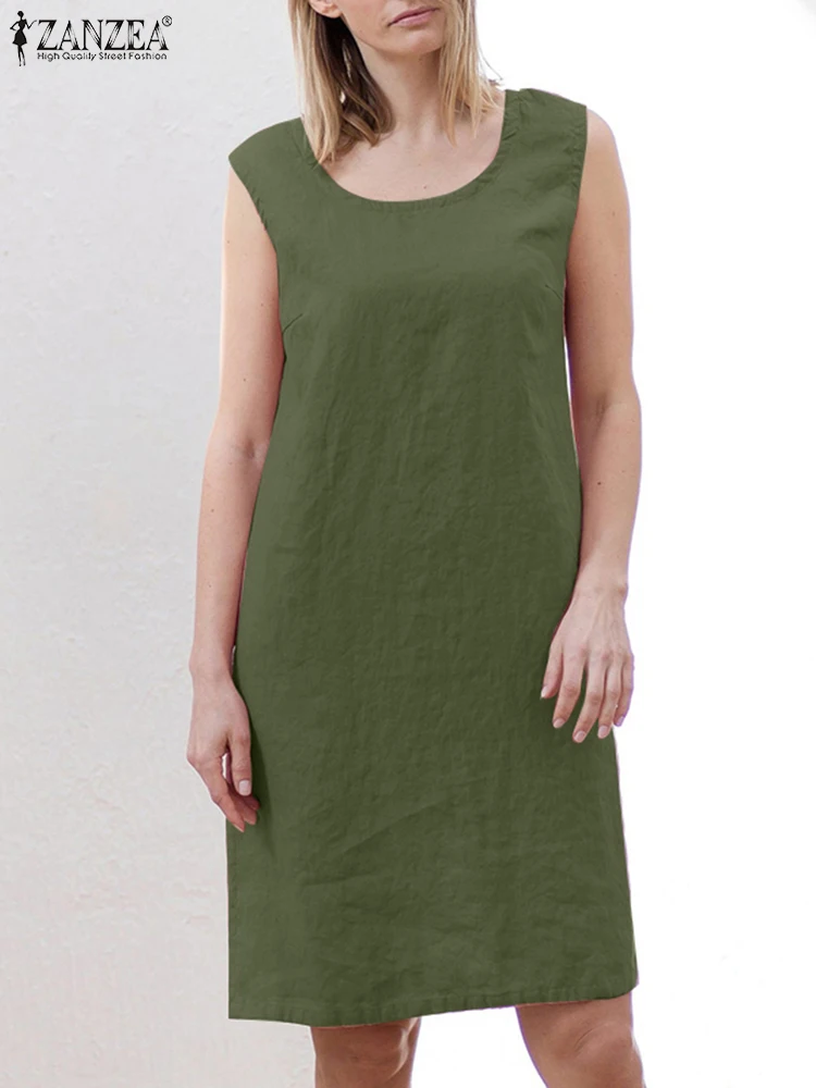 

ZANZEA Summer Casual Loose Dress Woman Sleeveless Tank Sundress Female Fashion Knee Length Robe Solid Color Party Beach Vestidos