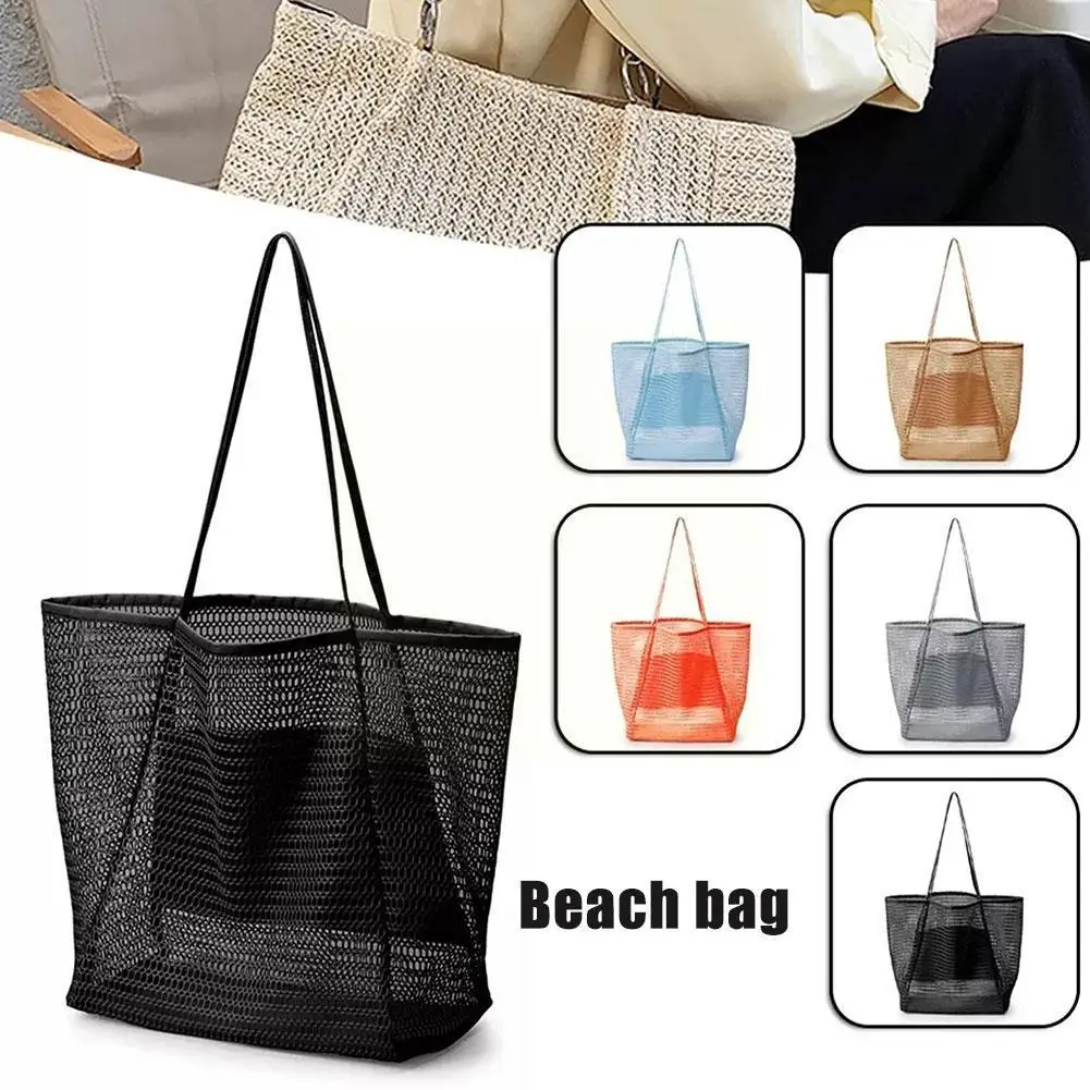 Lady Large Capacity Hollow Out Beach Tote Reusable Outdoor Mesh Bag Summer Women Swimming Beach Bag Pool Net Shopping T8S4
