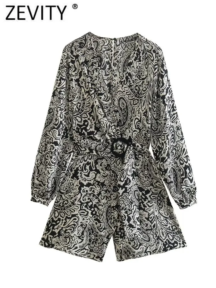 

Zevity Women Chic V Neck Paisley Totem Flower Print Retro Playsuits Ladies Buckle Sashes Kimono Conjion Shorts Rompers DS2776