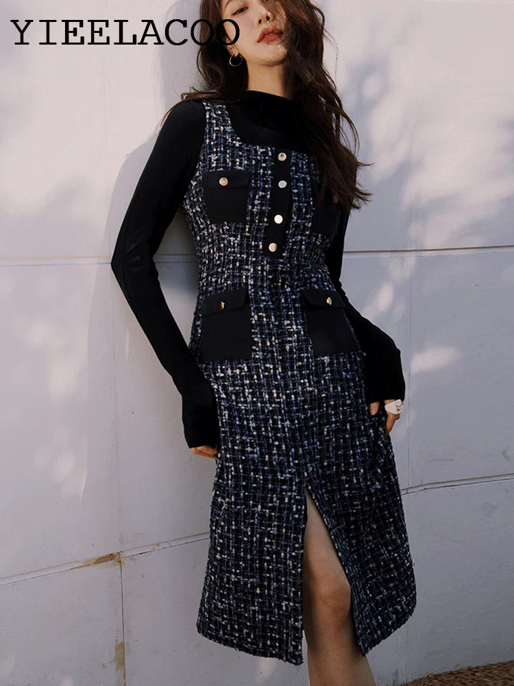 Женское платье темно-синее твидовое до колен без рукавов с блестками женское