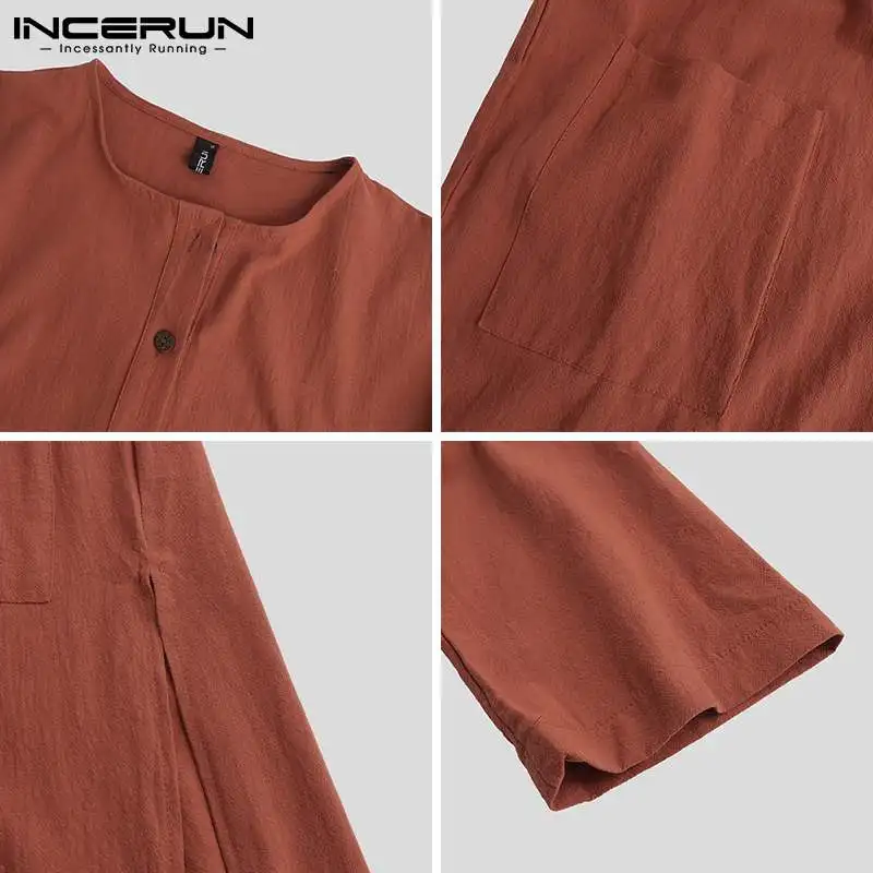 INCERUN 2022 Men's Islamic Arabic Muslim Kaftan Long Sleeve Solid Jubba Thobe Male Loose Pockets Saudi Arabia Abaya Robes S-5XL