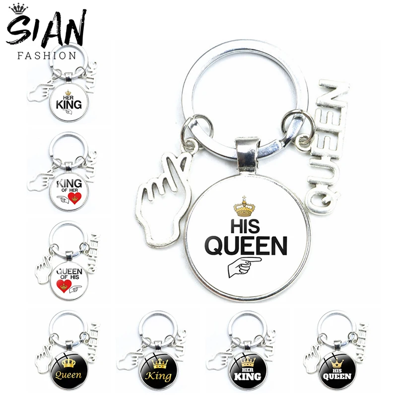 

Creative Her King His Queen Pendant Keychains Holder Hand Charms Key Chains Keyrings Glass Dome Jewelry Valentine's Day Gifts