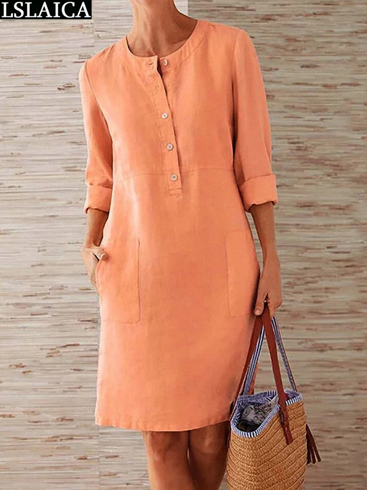 

Plus Size Ladies Dresses Spring Summer O Neck Fashion Casual Women's Clothing Long Sleeve Cotton Linen Mini Dress Woman 2023 New
