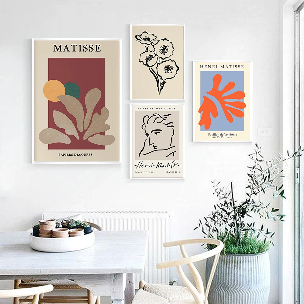 Настенная картина Matisse с абстрактными линиями бежевые цветы женское лицо