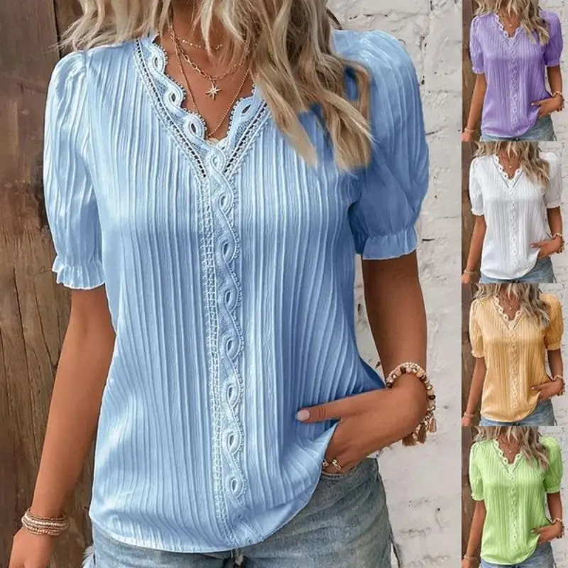 

Dropship 2023 Neck Plain Lace Elegant Shirt Women Summer Lace V Neck Plain Elegant Tops Shirt Fashion Solid Color Elegant Blouse