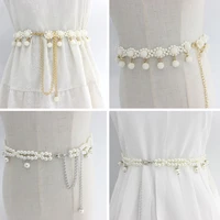 1 pcs women belt pearl decorative metal belt beaded hook waist chain dress decorative waist elegant thin waistband