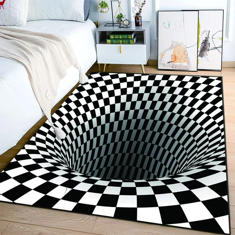 

3D Vortex Illusion Black and White Rug for Bedroom Floor Mat Abstract Geometric Optical Vertigo Carpet Non-slip Livingroom Decor