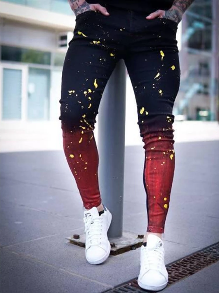 Streetwear Jeans for Men Hip Hop Paint Gradient Printed Men Slim Jeans Trousers Fashion Man Casual Stretch Skinny Denim Pants