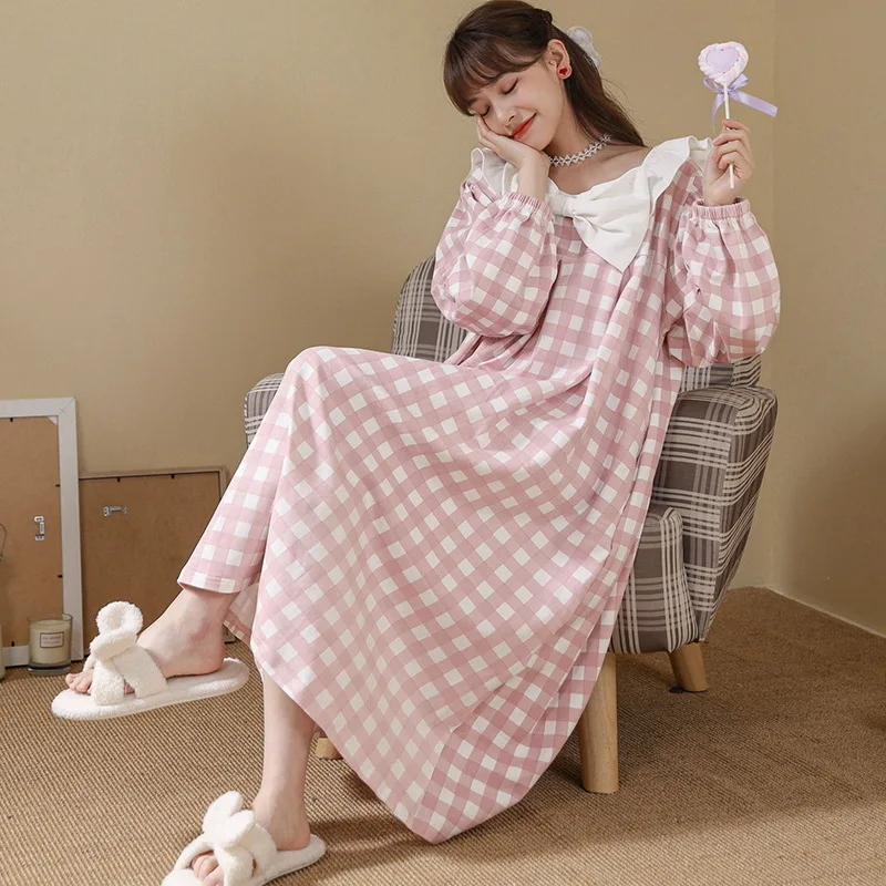 New Lace Women Nightgown Sleepwear Spring Nightwear Cotton Long Sleeved Night Dress Cute Cartoon Kawaii Pajama Young Gril Pijama