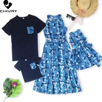 new 2022 summer family matching outfits sleeveless mother daughter dresses flower print mommy and me dress father son t shirts