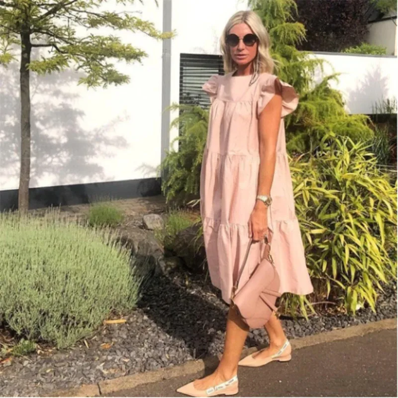 

Women Dresses 2022 Summer Vintage Soild Loose Round Neck Print Ruffled Party Dresses Female Butterfly Sleeved Mid Long Dresses