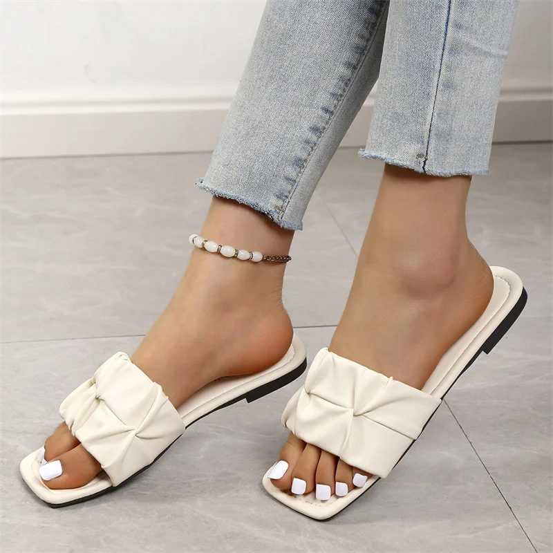 Women Ruched Detail Single Band Slides Funky Neon Orange Sandals 2023 Summer Fashion Office Flats Elegant Outdoor Beach Shoes