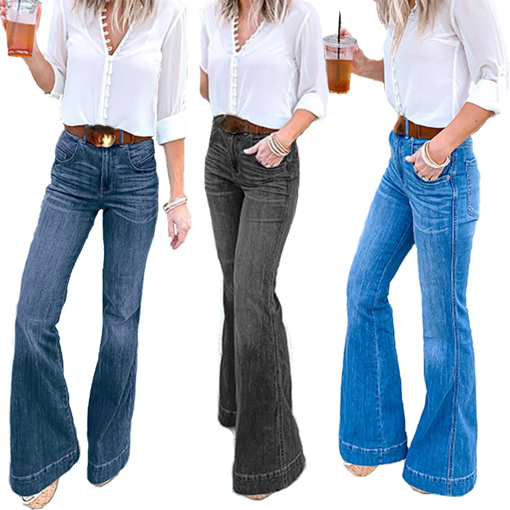 Women Mid Waist Jeans Slim Fit Thin Casual Pants With Pockets Female Flared Trousers Wide Leg Denim Skinny Sexy Jeans Trousers