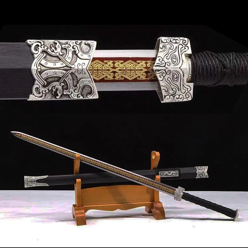 

Manganess Steel Blade Real Chinese Sword Rose Wood Scabbard Twin Hands Swords Hanjian -Silver Metal Fittings -Sharp Ready
