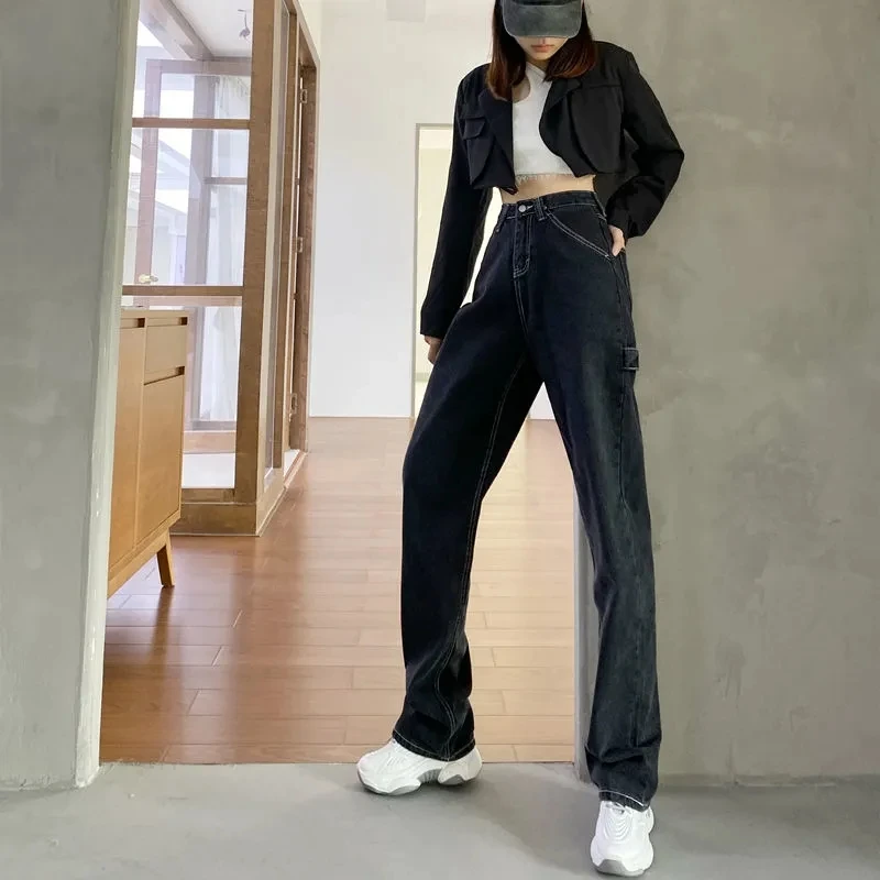 

Vintage Grey High Waist Women Jeans Straight Baggy Denim Pants Streetwear Female Trouser Mom Washed Jean Pants