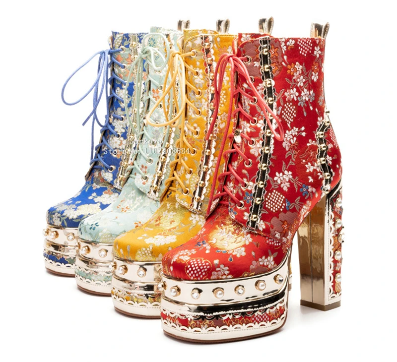 Women's Luxury Floral Platform Ankle Boots Pearl Studded Crystal Chunky Heels Mixed Colors Shoes Embroidered Lace Up Royal Boots