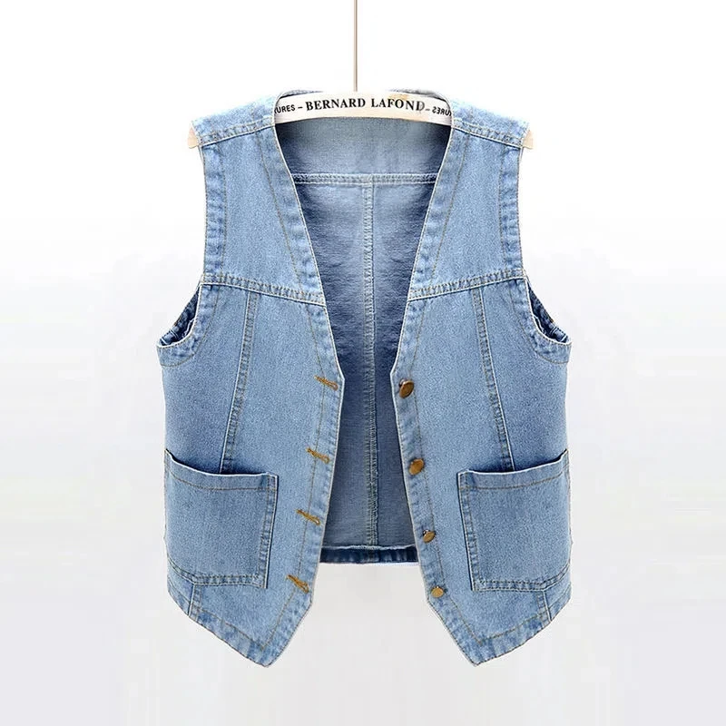 

Fashion V-Neck Denim Vests Women Spring Summer Short Sleeveless Jacket Casual Chaleco Single-Breasted Oversize Jean Waistcoat