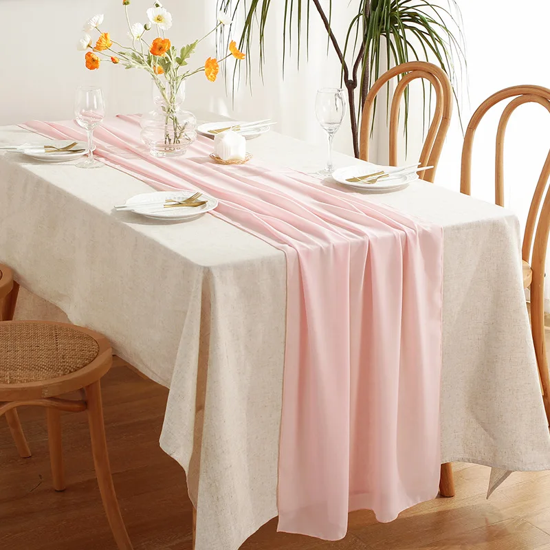 70x300cm Chiffon Table Runner With Ribbon For Proposal Wedding Decoration Engagement Party Banquet Table Runner Valentine's Day