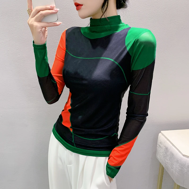 S-4XL женские осенне-зимние сетчатые футболки с высоким воротником и длинными