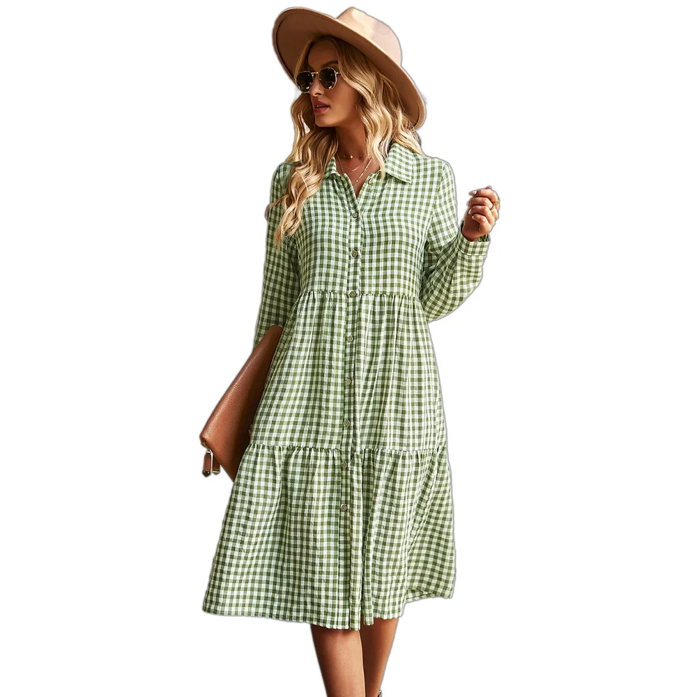 

Long Sleeve Dress Women Spring Autumn Fashion Plaid Dresses Female Elegant Lapel Maxi Casual Dress Woman Buttons Up Robe Femme